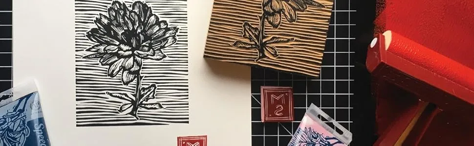 Speedball Block Printing Tool Kit  Includes Bench Hook Inking Plate  Brayer  Lino Cutters Carving Tools  and Baren - block printing, block printing kit, inks, brayer, speedy carve, lino block