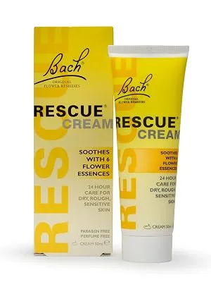  RESCUE Bach Rescue Cream 50 g - un flacon de crème de secours avec une étiquette jaune.