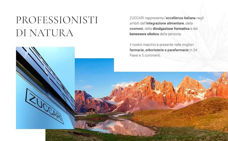  ZUCCARI Zuccari Anti-Aging Eye and Lip Contour - Image composite montrant le texte « Professionnels de nature » au-dessus d'un paysage de montagne panoramique avec un bâtiment moderne en premier plan