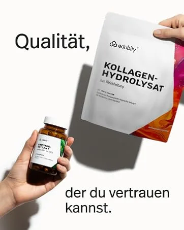  edubily nutrition Edubily Nutrition Vitamin D3 K2. 1132 drops dissolved in MCT oil. Vitamin D3 contributes to normal bodily function. - Le texte se lit comme suit : « Qualität, der du vertrauen kannst ». Photos de l'emballage du produit montrant des suppléments ou des produits de bien-être sur fond blanc.