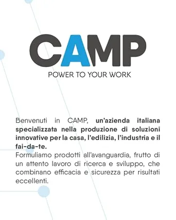  CAMP Camp BLAST Gentle Liquid Hand Soap pH Neutral Mild Formula 5 L - avec « Camp » en lettres grises et bleues. Ci-dessous le slogan « Power To You Work ». Le texte additionnel en italien décrit l'attention de l'entreprise