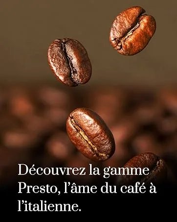 Caf Bonnac Torr faction Artisanale Compatible - Le texte se lit comme suit : « Découvrez la gamme » et « Presto, l'âme du café à l'italienne ». Plans rapprochés de grains de café torréfiés sur fond sombre.