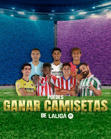  Milka Milka Naps - Milk Chocolate Squares - Practical Format - Display of 355 Units (4.5g) - Le texte indique « GANAR CAMISETAS DE LALIGA ». Illustration numérique montrant des joueurs de football en uniformes athlétiques rayés sur fond de stade avec un éclairage spectaculaire.
