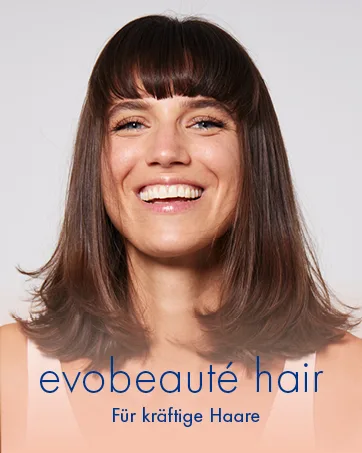  EVOBEAUT evoeye Eyebrow Formula 2.0 Serum for Thicker Eyebrows in 8 to 12 Weeks 6ml | Eyebrow Serum with Natural Booster - Le texte dit « Evebecute hair ». Plusieurs images de démonstration de produits montrant une coiffure de longueur moyenne.