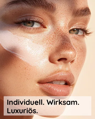  Malu Wilz Malu Wilz Premium Aging Cell Performance Eye Cream | Rich Eye Cream - Le texte se lit comme suit : « Individuell. Wirksam. » et « Luxuriös ». Publicité en gros plan sur un produit de beauté montrant une peau avec des taches de taches de rousseurs et des lèvres brillantes.