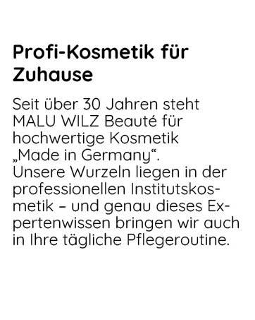  Malu Wilz Malu Wilz Premium Aging Cell Performance Eye Cream | Rich Eye Cream - Le texte se lit comme suit : « Zuhause » et « Seit über 30 Jahren steht pertenwissen bringen wir auch in ihre tägliche Pflegeroutine ». Gros plan de la main tenant un contenant de produit cosmétique blanc.