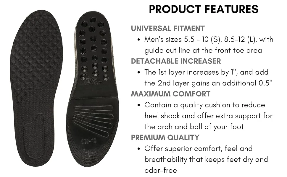Height Increase Adjustable Elevator Shoe Lift Insoles for Men - 1 or 1.5 Inch Taller Heightening Liftkits - Size Large - IK103 - 2