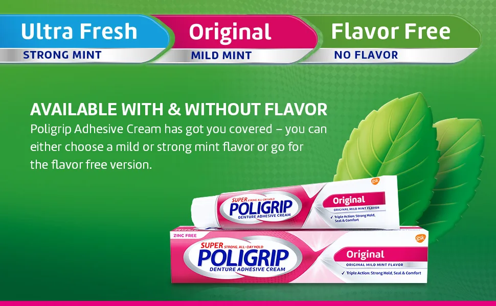 Super Poligrip Original Formula Zinc Free Denture and Partials Adhesive Cream  2.4 ounce - available with and without flavor
