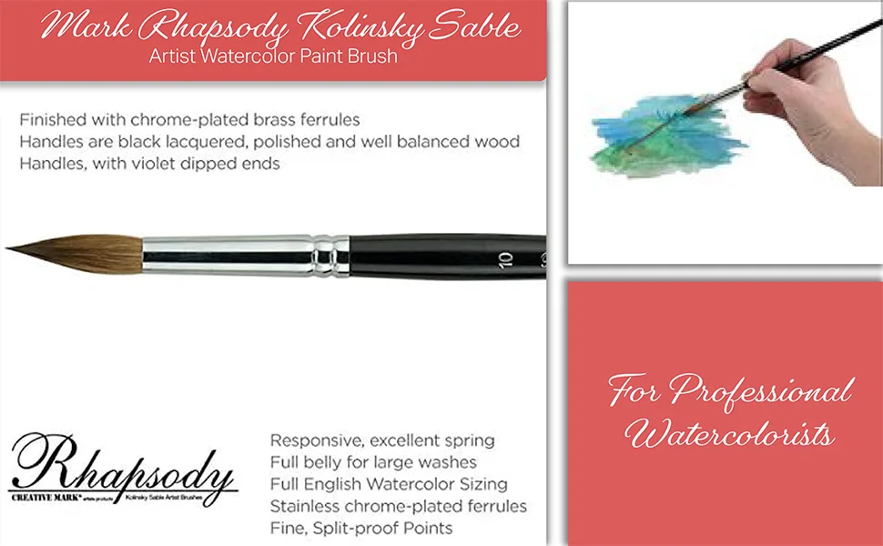 Creative Mark Rhapsody Kolinsky Sable Artist Watercolor Paint Brush - for Professional Watercolorists  Gouaches  Inks  Fluid Medias -  Round 2   2 - Rhapsody Kolinsky Sable Artist Watercolor Paint Brush - for Professional Watercolorists, Gouaches