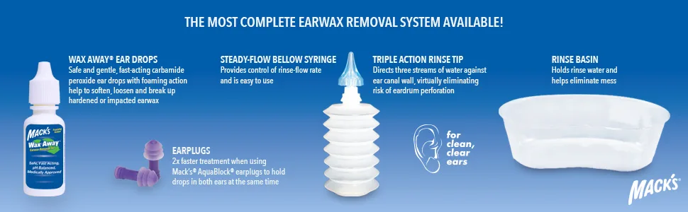 Mack's ProRinse Ear Wax Removal System - 0.5 FL OZ Ear Drops  Ear Plugs  Ear Wash Tub & Ear Syringe with Triple-Action Rinse Tip - gentle, ear cleaner, clogged, discomfort, ear, hearing, remove, rinse, wax, home remedy, washer