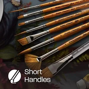 Silver Brush Limited 2007S Golden Natural Script Liner Brush for Watercolor  Oil  and Acrylic  Size 4  Short Handle - A set of paintbrushes lying on a painting.