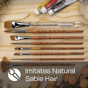 Silver Brush Limited 2007S Golden Natural Script Liner Brush for Watercolor  Oil  and Acrylic  Size 4  Short Handle - A set of watercolor brushes next to tubes of paint.