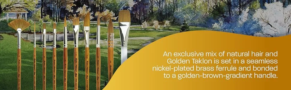 Silver Brush Limited 2007S Golden Natural Script Liner Brush for Watercolor  Oil  and Acrylic  Size 4  Short Handle - Ten Golden Natural paintbrushes in front of a landscape painting.