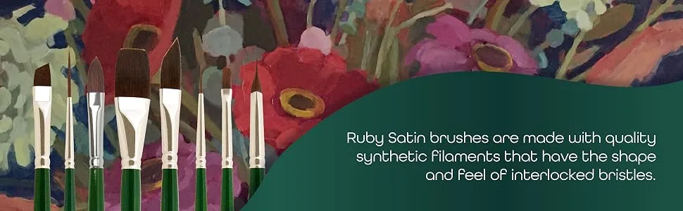 Silver Brush Limited 25012 Ruby Satin Flat Brush for Fluid and Flow Acrylics  Size 2  Long Handle Size - 2 - Eight Ruby Satin synthetic paintbrushes on a floral painting.