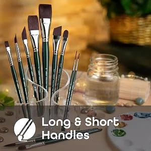 Silver Brush Limited 25012 Ruby Satin Flat Brush for Fluid and Flow Acrylics  Size 2  Long Handle Size - 2 - Paintbrushes in a holder next to painting tools.