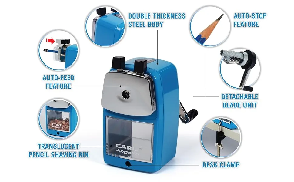 CARL Angel-5 Pencil Sharpener  Blue - angel-5 pencil sharpener features