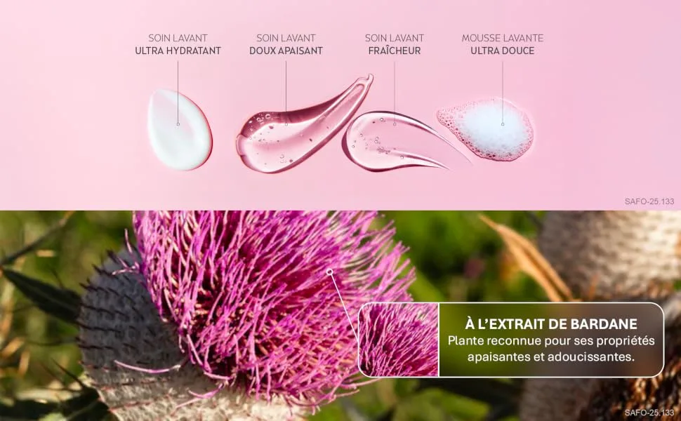  Saforelle Saforelle Ultra Moisturising Cleansing Care Eco-Refill Special Dryness 400 ml - Le texte se lit comme suit : « À L'EXTRAIT DE BARDANE ». Photographie rapprochée d'une fleur de chardon violet sur fond de bannière rose