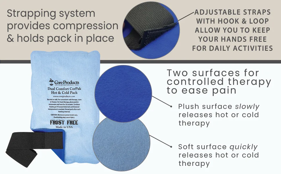Core Products Dual Comfort Corpak Hot and Cold Therapy - 11 X 15 Tri-Sectional - 11 x 15 Inch - Strapping system holds pack in place. Plush surface for slow release, Soft surface for quick release