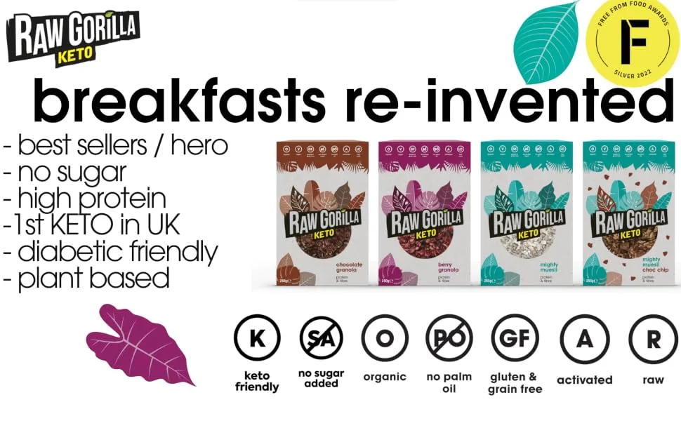  Raw Gorilla Raw Gorilla Organic Peanut Butter and Chocolate Breakfast Cereal 1 x 250g Pack | Vegan No Added Sugar Low Carb 6g Net Carb Cereal - keto taster