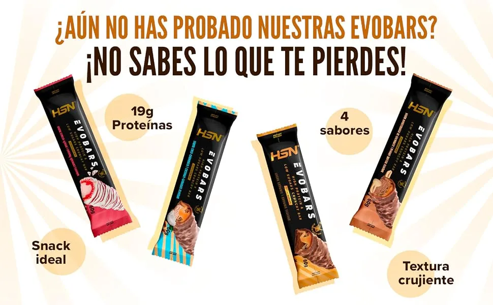  HSN HSN Evobars Protein Bars | Coco-Candy - 12 x 60g - 19g Protein Per Bar - Crunchy Texture | No Palm Oil or Sugar Added - Apéritifs protéinés Evobars. 4 saveurs, 19 g de protéines, texture croustillante. Le texte en espagnol favorise la dégustation du produit