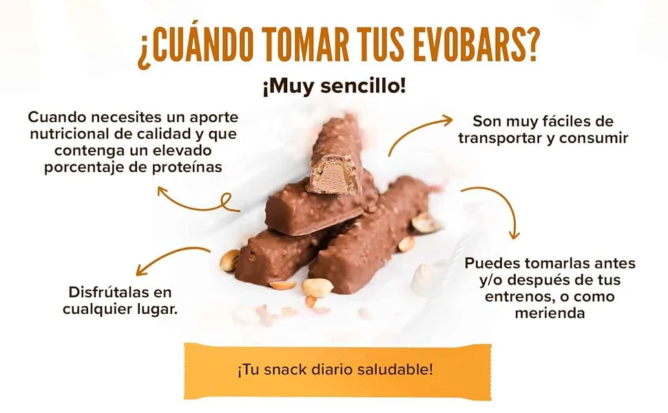  HSN HSN Evobars Protein Bars | Coco-Candy - 12 x 60g - 19g Protein Per Bar - Crunchy Texture | No Palm Oil or Sugar Added - Barres protéiques brunes avec inscription en espagnol qui explique quand consommer Evobars. L'infographie met en évidence la facilité de transport, la consommation et la polyvalence comme collation