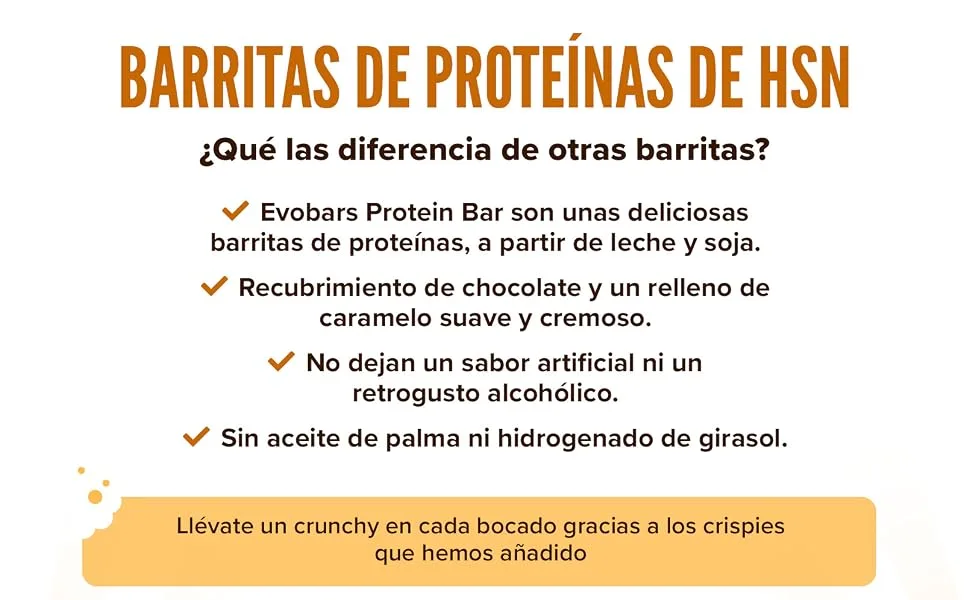  HSN HSN Evobars Protein Bars | Coco-Candy - 12 x 60g - 19g Protein Per Bar - Crunchy Texture | No Palm Oil or Sugar Added - de la barre protéinée Evobars qui décrit ses principales caractéristiques : délicieuses barres protéinées à base de lait et de soja, avec garniture au chocolat et au caramel, sans arômes artificiels ni huile