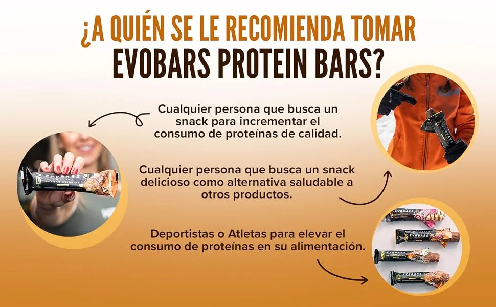  HSN HSN Evobars Protein Bars | Coco-Candy - 12 x 60g - 19g Protein Per Bar - Crunchy Texture | No Palm Oil or Sugar Added - En espagnol qui recommande les barres protéinées Evobars pour les athlètes, les personnes qui recherchent des collations saines et ceux qui veulent augmenter leur apport en protéines. Les images montrent des paquets de barres protéinées et pour grimpeurs