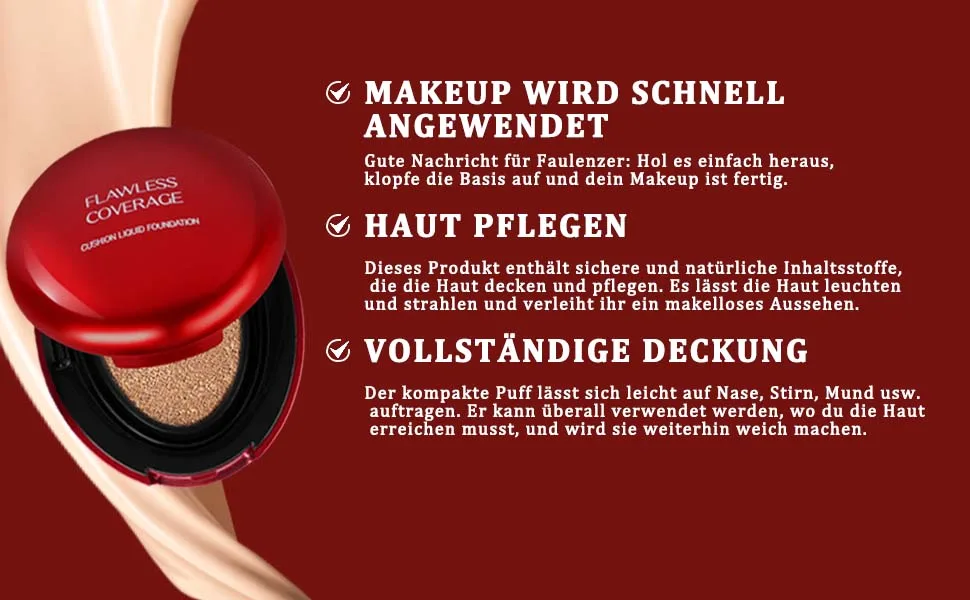  LOPHE LOPHE Cushion Foundation Moisturizing CC Cream Lightweight Skin Cushion Long-Lasting Concealer Even Skin Tone #03 - Le texte indique « MANEUIP WIRD SCHNELL ANGEWENDET » et divers panneaux de texte en allemand. Affichages rouges et blancs d'informations sur les produits.