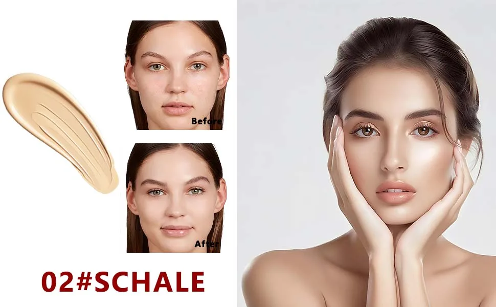  LOPHE LOPHE Cushion Foundation Moisturizing CC Cream Lightweight Skin Cushion Long-Lasting Concealer Even Skin Tone #03 - Présentation rapprochée de produits de beauté montrant la texture de la peau et les effets de l'application cosmétique sur un fond neutre.