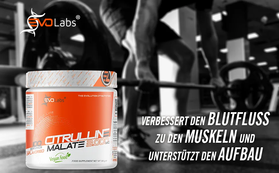  EVOLabs Citrulline Malate 300g Highly dosed pump booster for maximum performance | Vegan & perfectly soluble | Citrulline powder for optimal muscle supply - Malate à la citrulline - 300 g