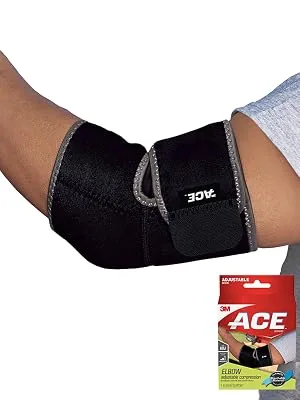ACE Brand Adjustable Compression Elbow Support  Moderate Support for Weak  Sore or Injured Joints  Adjustable Features  One Size Fits Most Neoprene Ebow Support - Person wearing the ACE Brand Adjustable Elbow Support