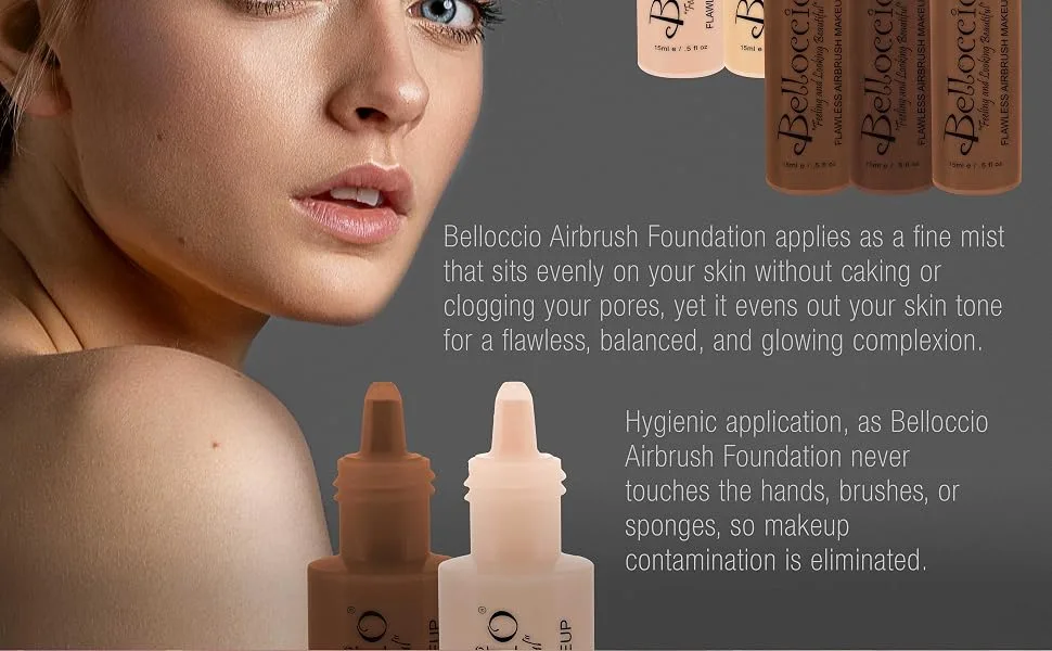 Belloccio's Professional Cosmetic Airbrush Makeup Foundation 1/2oz Bottle: Buff- Light with Golden Undertones - Belloccio Professional Cosmetic Grade Airbrush Makeup Foundation Matte Finish, Water Based