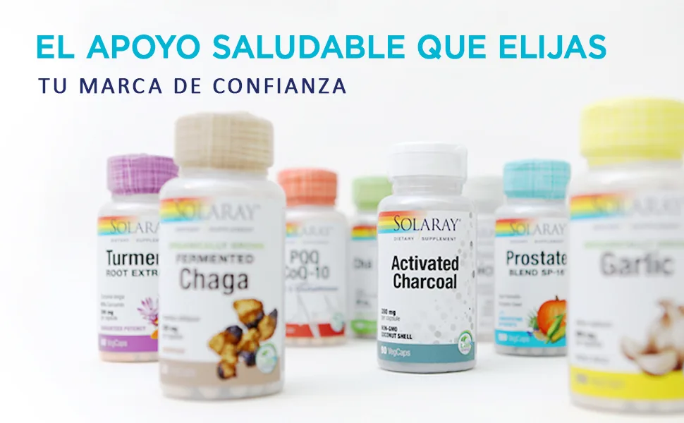  SOLARAY Solaray Bacopa 100mg | Bacopa Monnieri | 60 VegCaps 60 units 1 - Le texte se lit comme suit : « EL APOYO SALUDABLE QUE ELIJAS » et « TU MARCA DE CONFIANZA ». Présentation de divers flacons de suppléments dans un emballage blanc et coloré.