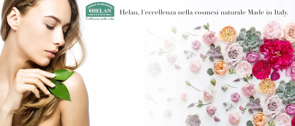  Helan Helan - Matte Lacquer Effect Liquid Lipstick Ruby Red 3 ml - Image divisée : femme avec feuille près du visage à gauche, disposition de pétales de fleurs colorés et feuilles sur fond blanc à droite