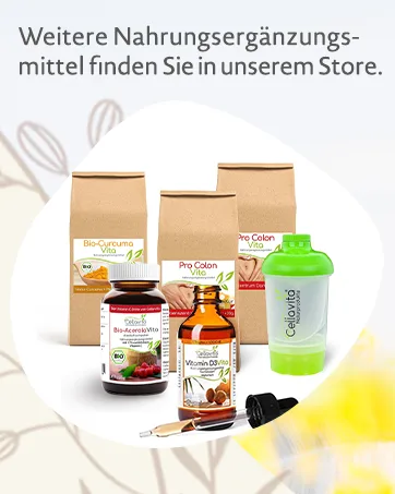  Cellavita Cellavita EM Effective Microorganisms - Man & Intestinal - (Over 24 Bacteria Cultures) - Pure Quality - 5 x 500ml - Le texte se lit comme suit : « Weitere Nahrungsergänzungsmittel finden Sie in unserem Store ». Présentation des produits de divers contenants et flacons de suppléments.