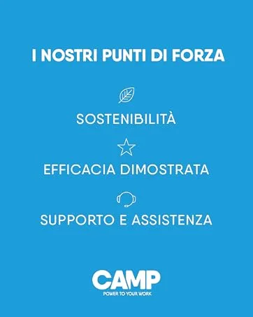  CAMP Camp DERMA Ultra Liquid Hand Soap for Difficult Dirts Lemon Fragrance 5L - Infographie d'entreprise bleue montrant trois points forts clés en italien : Durabilité, efficacité démontrée et support et assistance, avec
