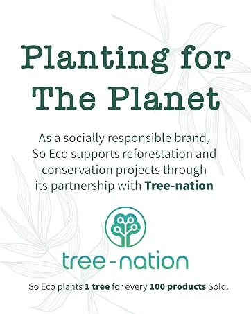  So Eco So Eco Eyebrow Set - Le texte indique « Planting for The Planet tree-nation » et « En tant que marque socialement responsable, So Eco plante 1 arbre pour 100 produits vendus ». Marque écologique verte avec logo en forme d'arbre.