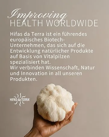  HIFAS DA TERRA Mico Rei (Ganoderma lucidum) HYPHAS OF THE EARTH 70 capsules - Le texte se lit comme suit : « LA SANTÉ DANS LE MONDE » et « Améliorer », suivis d'un texte allemand sur le développement des biotechnologies. L'image montre une main tenant un matériau naturel blanc ressemblant à du coton.
