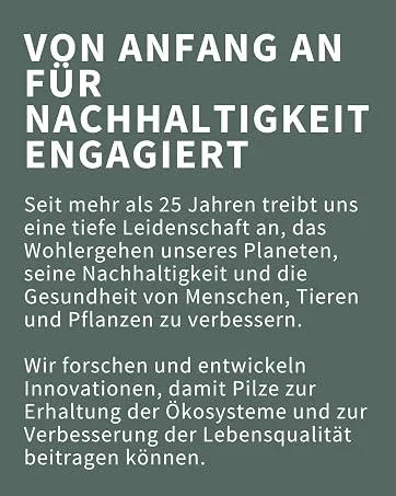  HIFAS DA TERRA Mico Rei (Ganoderma lucidum) HYPHAS OF THE EARTH 70 capsules - Le texte se lit comme suit : « VON ANFANG AN FÜR NACHHALTIGKEIT ENGAGIER'. Panneau d'information sur le thème vert avec un texte allemand sur l'engagement en matière de développement durable.