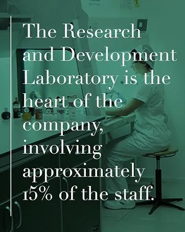  Helan Pink red lipstick pencils - Image teintée de vert avec texte sur le laboratoire de recherche et développement d'une entreprise, indiquant qu'elle implique 15 % du personnel.