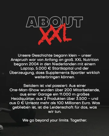  XXL Nutrition XXL Nutrition - Clear Whey Isolate - Apple - 1000 grammes - Le texte se lit comme suit : « À PROPOS DE XXL » et « Nous dépassons vos limites. Ensemble. » Plusieurs paragraphes de texte allemand visibles dans la mise en page publicitaire avec spécifications techniques.