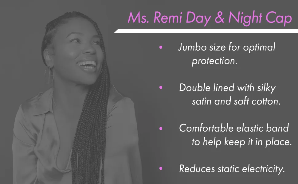 Annie - Ms. Remi Silky Satin Double Cotton - Lined Day and Night Cap - Comfort Elastic Band (Extra Jumbo - Black) - Day and Night Cap Features