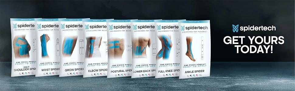 Spidertech Large Fan Pre-Cut Cotton Elastic Kinesiology Tape  Reduce Inflammation Easy to Use Long Lasting Durable. (Black) Black Large Fan - spider tech spider
