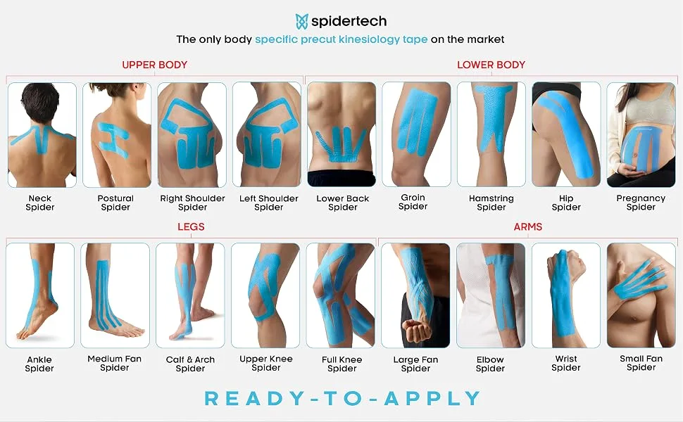 Spidertech Large Fan Pre-Cut Cotton Elastic Kinesiology Tape  Reduce Inflammation Easy to Use Long Lasting Durable. (Black) Black Large Fan - spider tech tape
