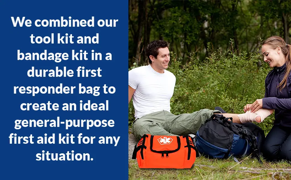 Dixie EMS First Responder Fully Stocked Trauma First Aid Kit   Orange - Lifestyle image with blue text background