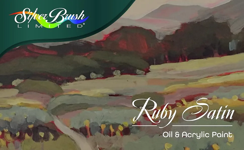 Silver Brush Limited 2507S2 Ruby Satin Script Liner Brush for Fluid and Flow Acrylics  Size 2  Short Handle Size - 2 - A close-up of a colorful landscape painting alongside the company name.