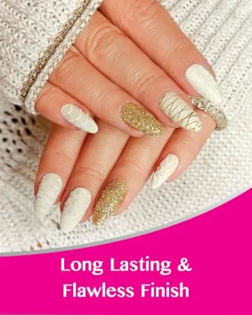 Nutra Nail Invisible Flex Hardener   Instant Protective & Restorative Clear Gel Shield for Brittle  Damaged Nails - Image of two hands with ling white and sparkly gold polish - long lasting flawless finish title