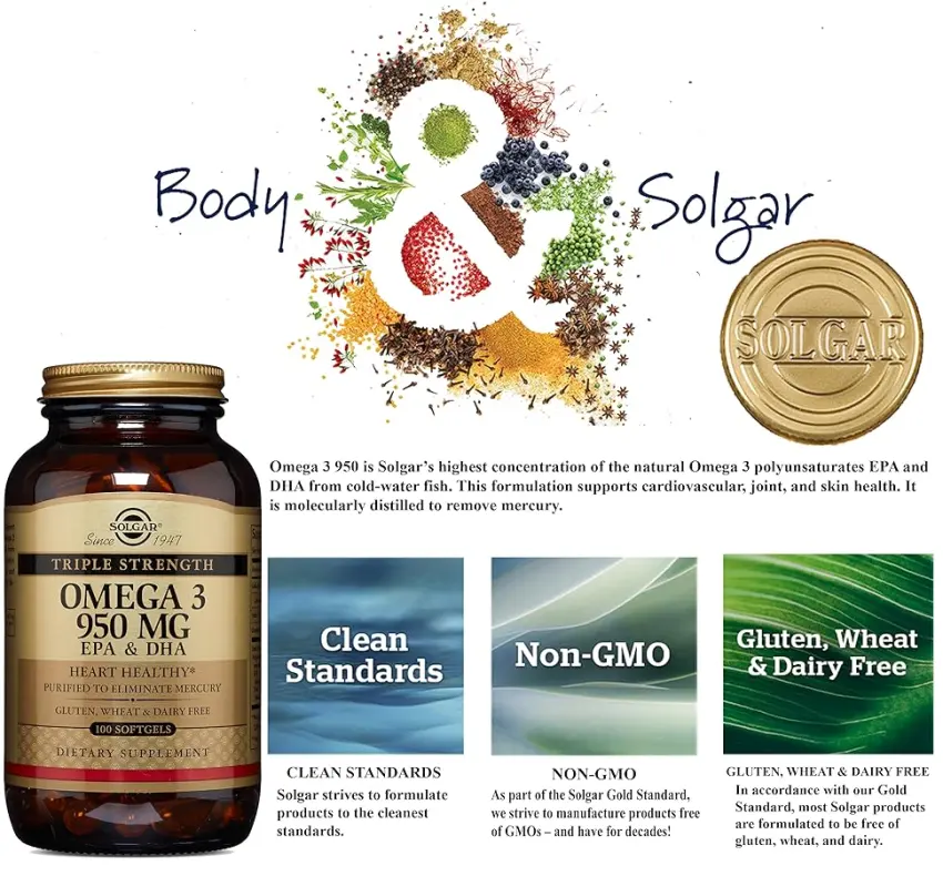 Solgar Triple Strength Omega 3 EPA and DHA 950 mg- 100 Softgels - product information 1