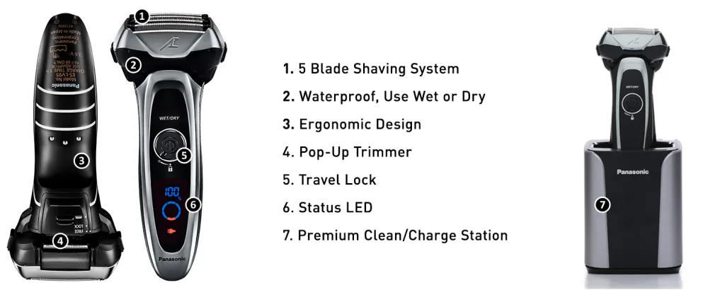 Panasonic Arc5 Electric Razor for Men  5 Blades Shaver and Trimmer - Sensor Technology  Automatic Clean and Charge Station  Wet Dry  Silver - LV95