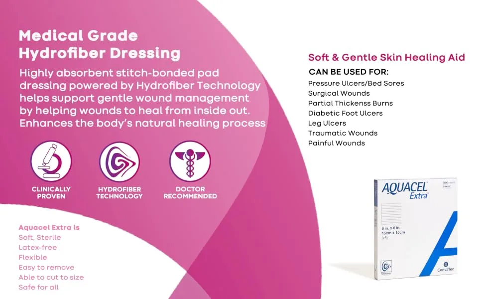 AQUACEL Extra Hydrofiber Two-Dimensional 6x6 Dressing  Soft Absorbent Non-Woven Wound Dressing  420673  Box of 5 - 2 Aquacel Extra 420673